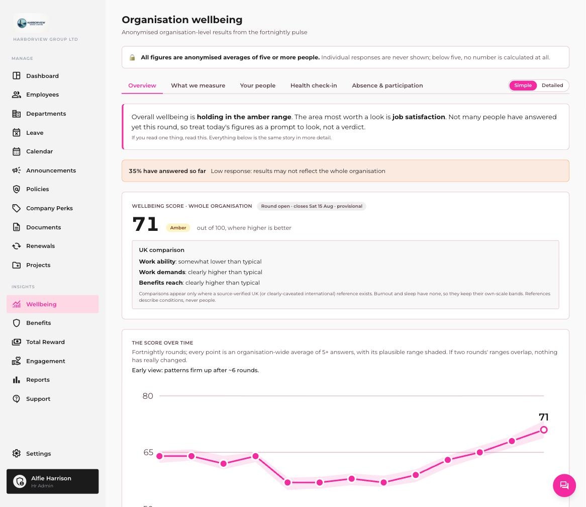 The wellbeing dashboard: index, four domains, trends and participation, always aggregated