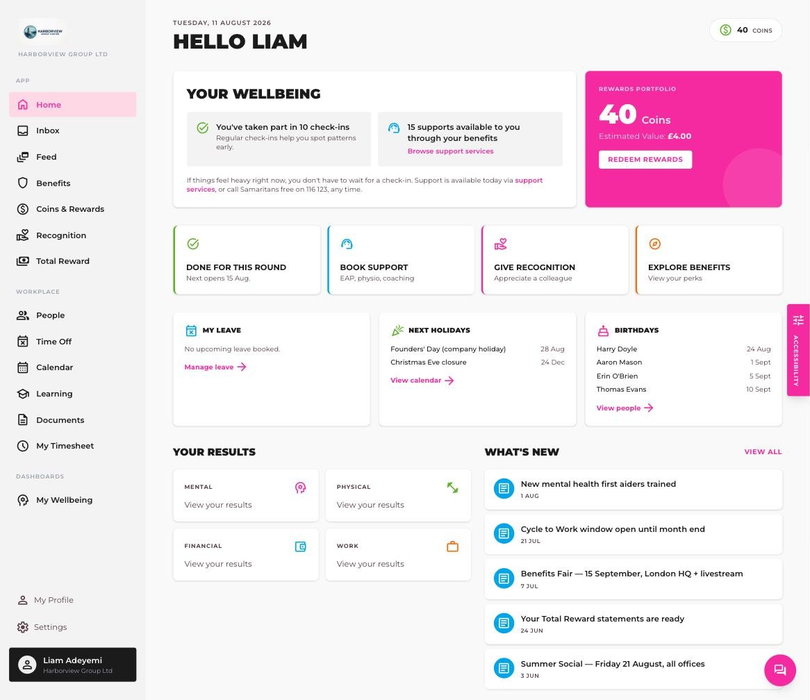 The Alltoogether employee app home: wellbeing, supports available through your benefits, quick actions, leave and what is new